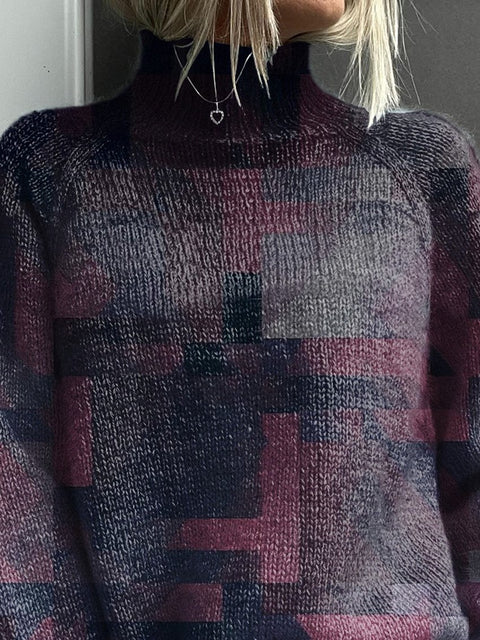 Abstract Geometric Pattern Printed Knit Turtleneck Pullover Sweater