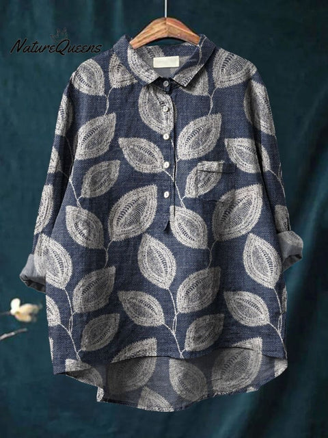 Leaves Art Print Casual Cotton And Linen Shirt