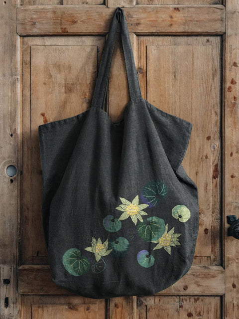 Japanese Style Lotus Floral Art Printed Linen Tote Bag