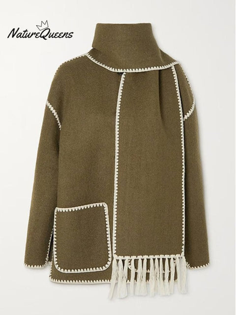 Women's Thickened Loose Woolen Coat with Scarf and Tassels
