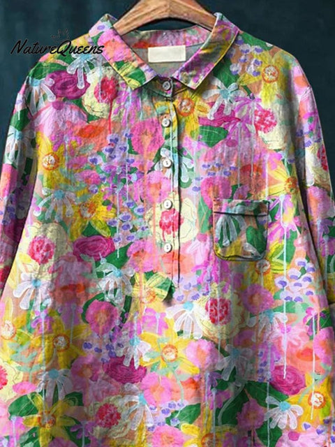 Abstract Colorful Summer Garden Printed Women's Casual Cotton And Linen Shirt