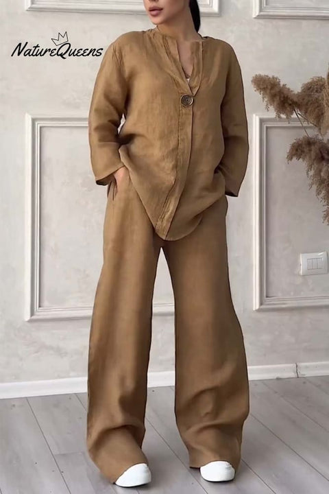 Casual button decorated cotton and linen two-piece set