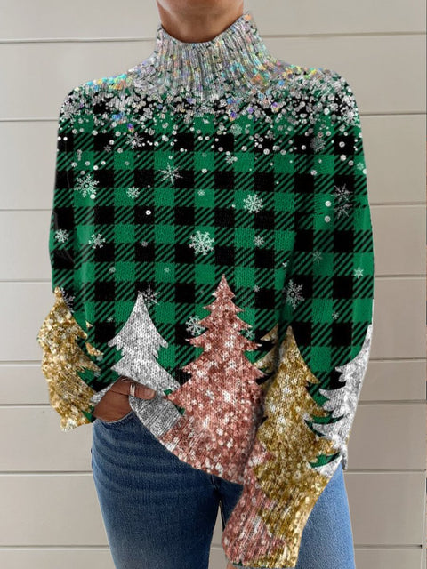 Green Lattice Christmas Tree Print Knit Turtleneck Pullover Sweater