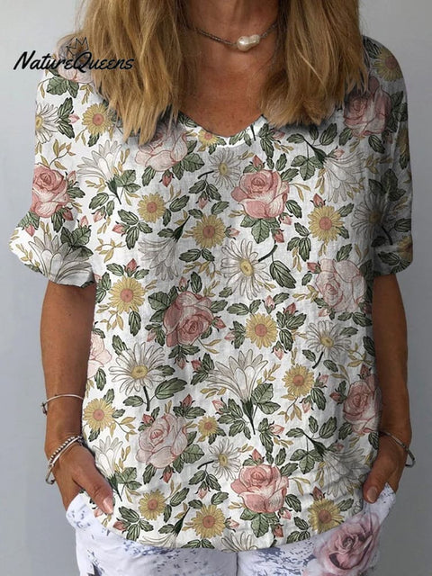 Retro Style Romantic French Garden Pattern Printed Women's Casual Cotton And Linen Shirt