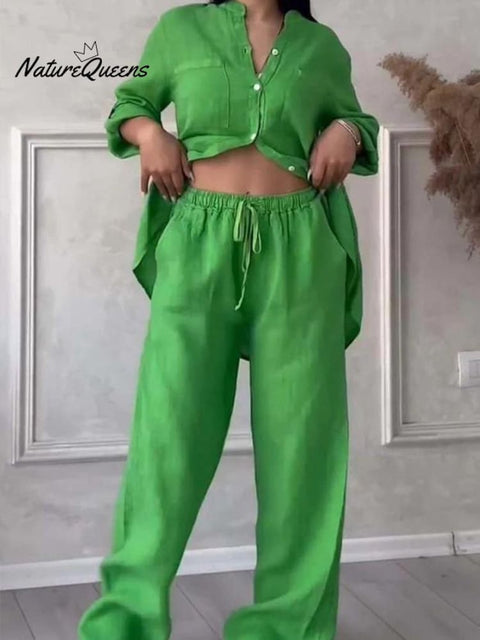 Women's Casual cotton and linen solid color shirt drawstring wide leg pants suit