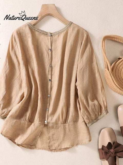 Cotton Linen Square Neck Loose Pullover Shirt