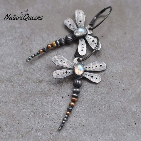 Round Moonstone Dragonfly Earrings