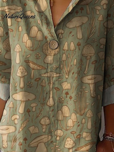 Assorted Wild Mushrooms Repeat Pattern Printed Women's Casual Cotton Linen Shirt