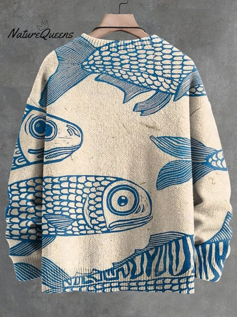 Men's V-neck Women's Blue Minimalist Line Fish Print Long Sleeve Sweater