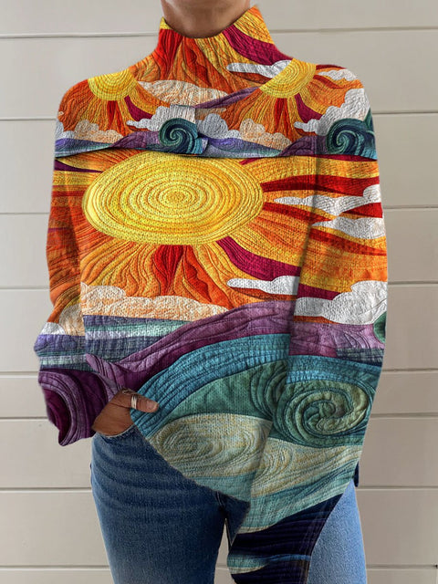 Retro Art Print Knit Turtleneck Pullover Sweater