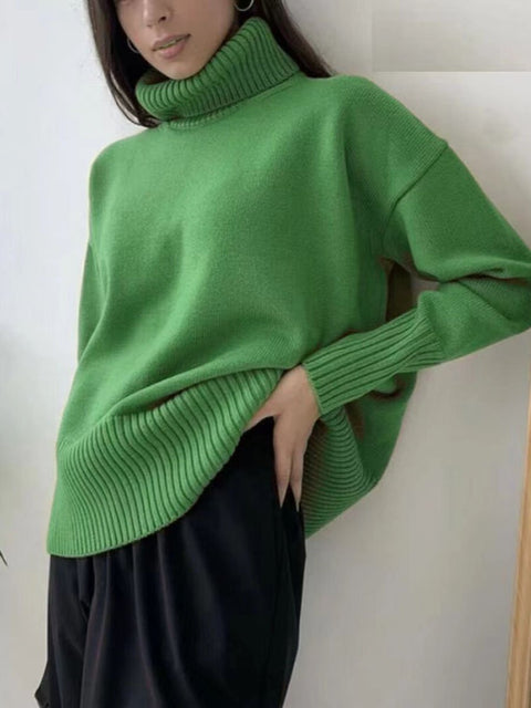 Women's Stylish Casual Long Sleeve Loose Soft Turtleneck Solid Color Knitted Pullover Sweater