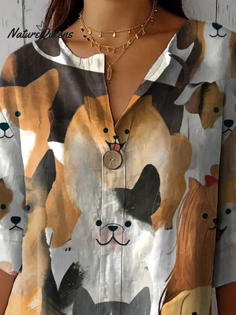 Mixed Puppy Dog Pattern Printed Women's Casual Cotton Linen Shirt
