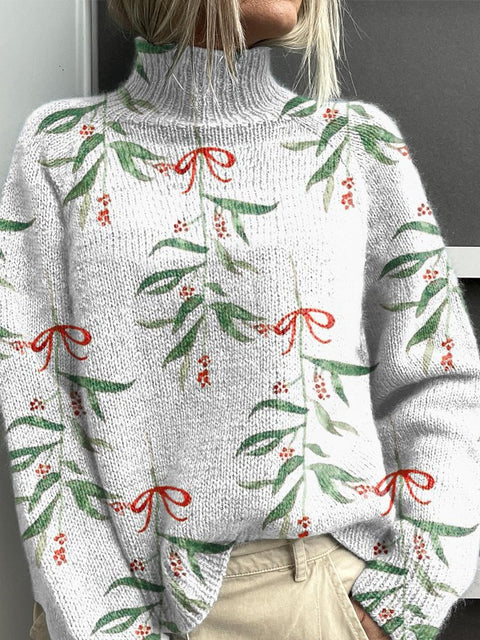 Christmas Bow Plant Print Knit Turtleneck Pullover Sweater