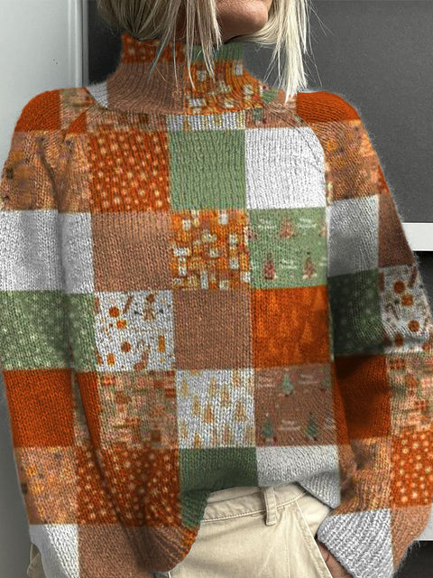 Retro Christmas Art Print Knit Turtleneck Pullover Sweater