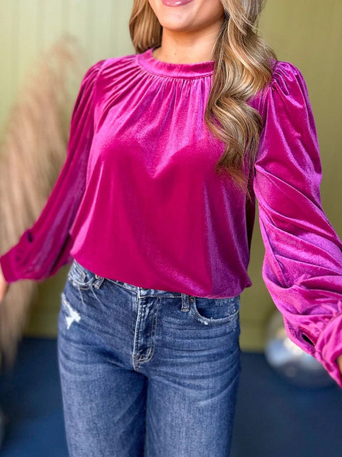 Women's Retro Solid Color Pullover Round Neck Long Sleeve Shirt