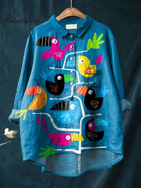 Bird Tree Art Printed Women's Casual Cotton And Linen Shirt