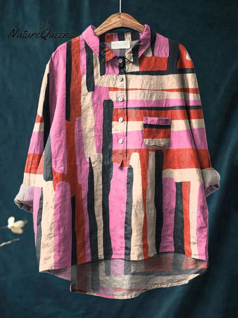 Abstract Geometric Line Pattern Printed Women's Casual Cotton And Linen Shirt