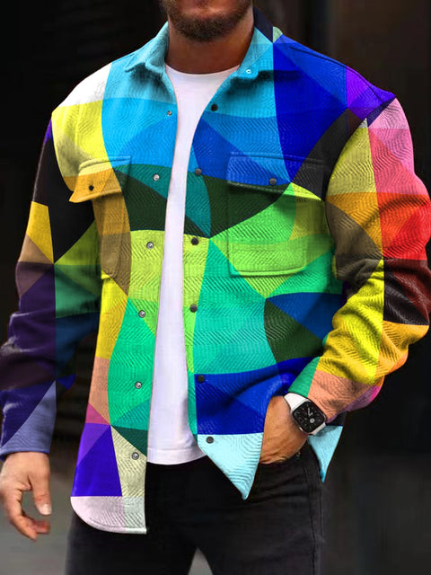 Rainbow Block Splicing Printed Men's Fashion Casual Long Sleeved Jacket