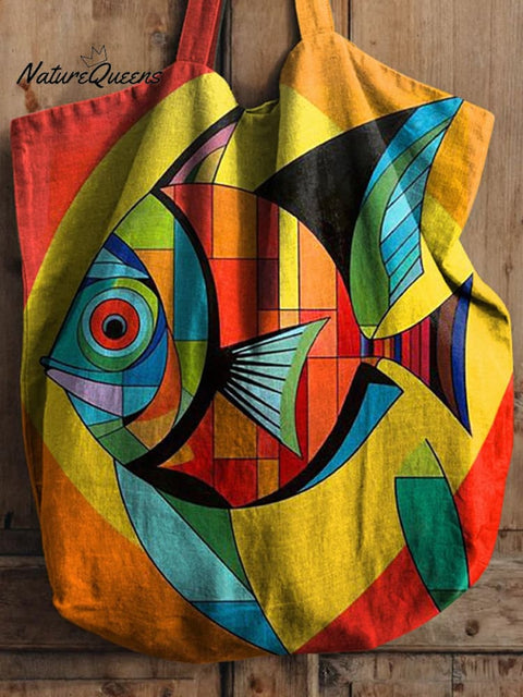 Geometric Tropical Fish Art Printed Linen Tote Bag