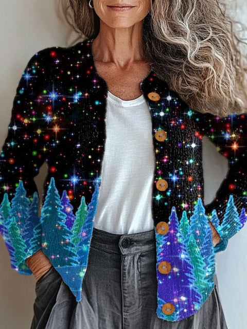Glitter Christmas Print Buttoned Cardigan Sweater