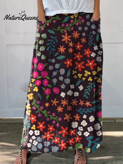 Rainbow Color Botanical Garden Pattern Printed Women's Linen Pocket Skirt
