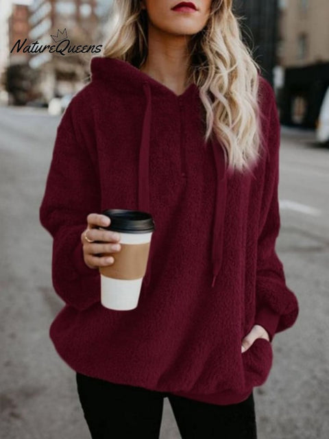Plush Women's Long Sleeve Hooded Loose Sweatshirt and Fleece Jacket