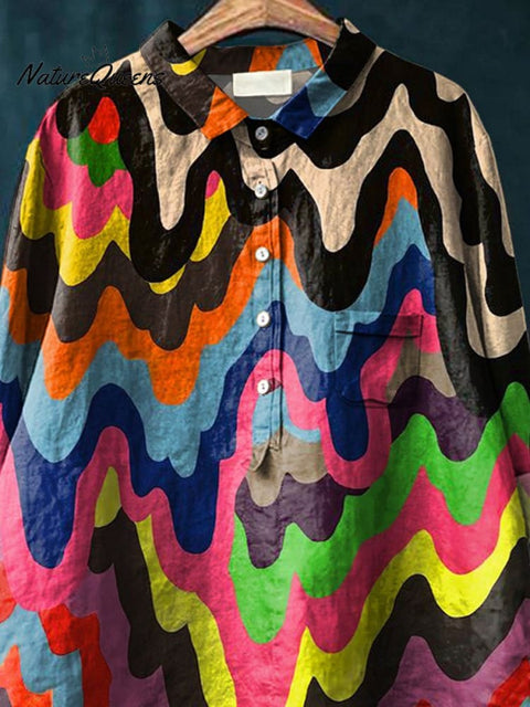 Abstract Melting Liquid Pattern Printed Women's Casual Cotton And Linen Shirt