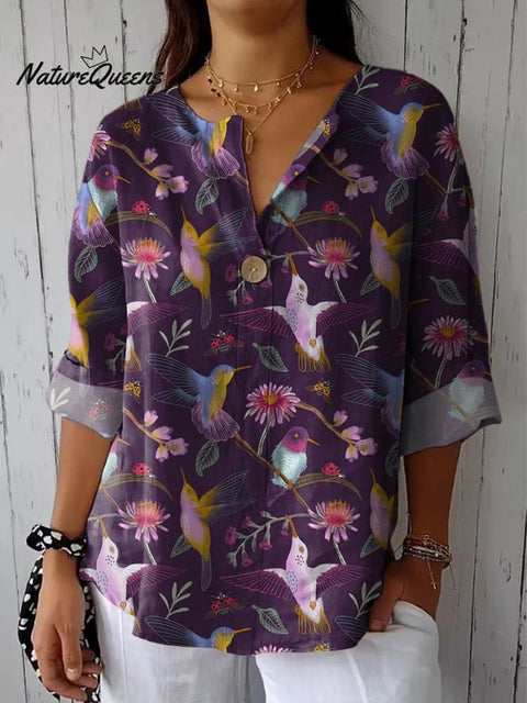 Midnight Hummingbird Pattern Printed Women's Casual Cotton Linen Shirt