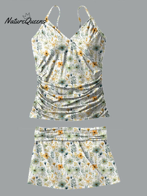 Lovely Meadows Floral Pattern Printed V-Neck Suspender Skirt Tankini Pantskirt Set Swimsuit