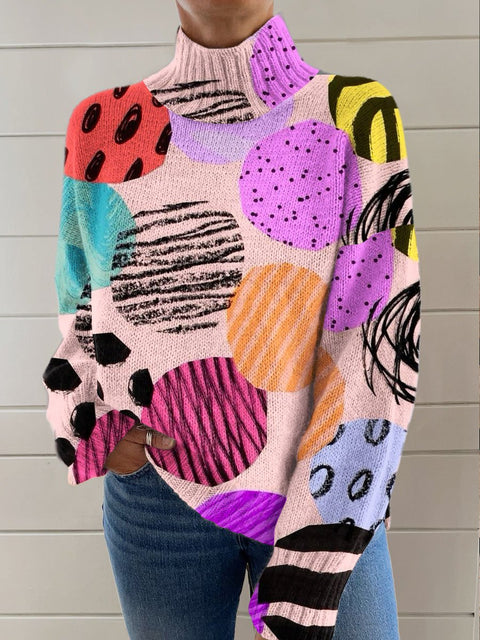 Abstract Geometric Art Print Knit Turtleneck Pullover Sweater