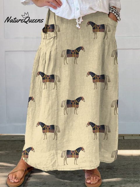 Horse Repeat Pattern Printed Women's Linen Pocket Skirt