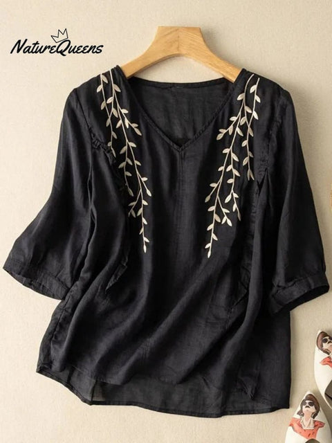 Embroidery Cotton And Linen Mid Sleeve Blouse
