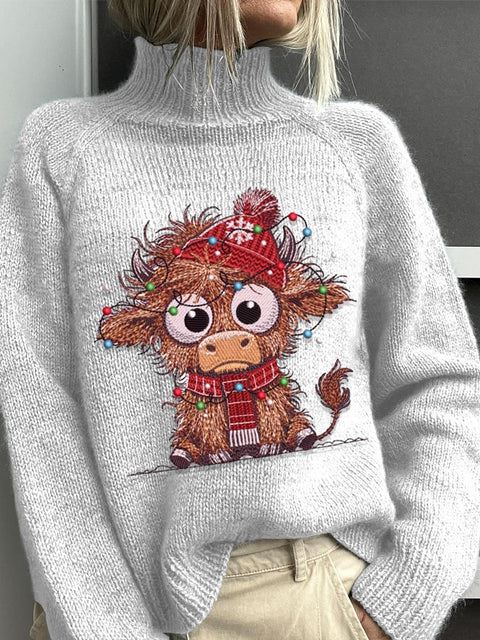 Embroidery  Highland Cow  Christmas Art Print Knit Turtleneck Pullover Sweater