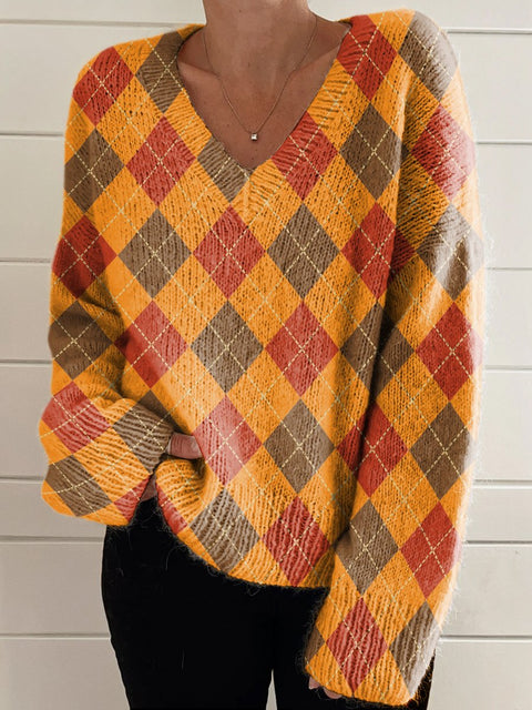 Yellow Tone Diamond Check Pattern Casual V-neck Pullover Knit