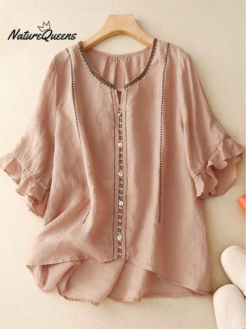 Loose Casual Embroidered Ruffle Sleeve Patchwork Shirt