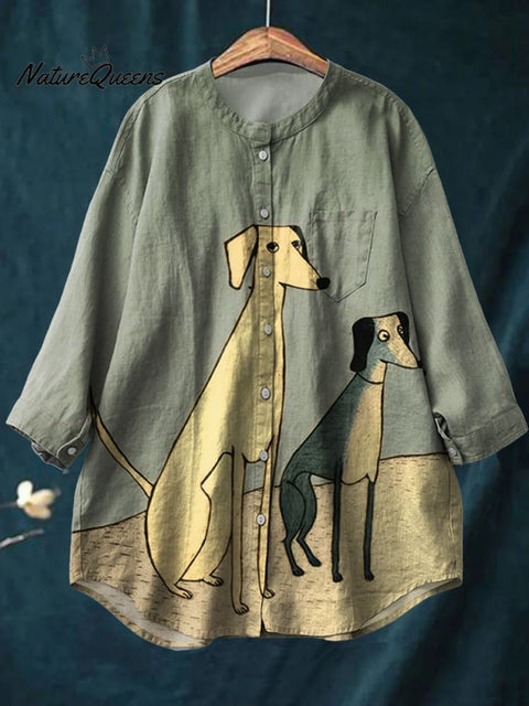 Women's Simple Two Dogs Print Casual Cotton And Linen Shirt