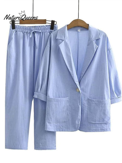 Women's Solid Color Loose Casual Cotton And Linen Jacket Pants Suit