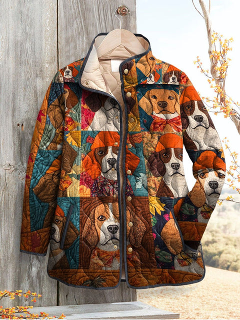 Women's Retro Dogs Print Casual Quilted Jacket