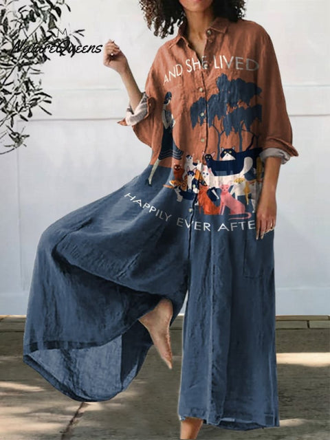 Cat Lady and She Lived Happily Ever After Decorative Pattern Casual 100% Cotton Wide Leg Jumpsuit