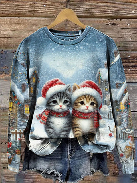 Funny Cats Christmas Print Casual  Sweatshirt