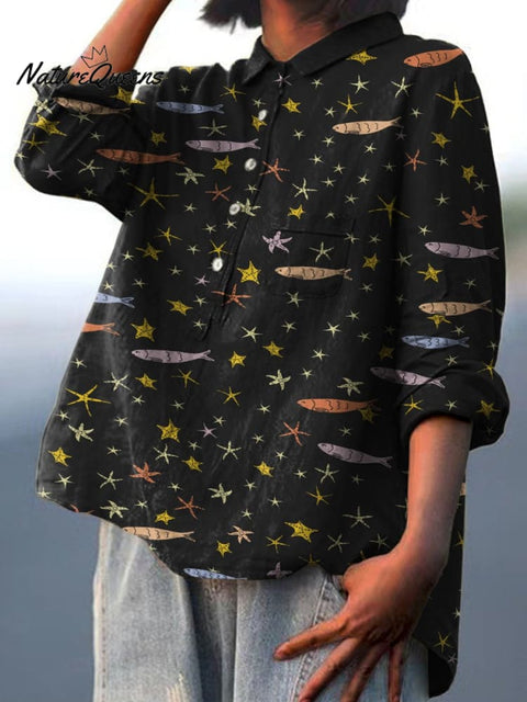 Fish and Starfish Pattern Casual Cotton And Linen Shirt