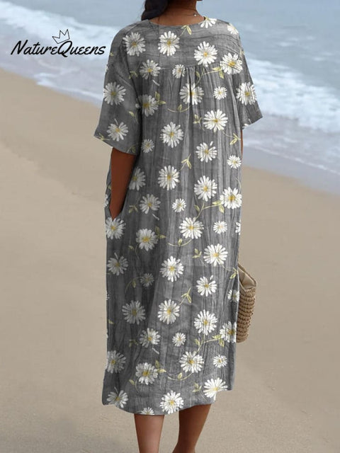 Spring White Daisy Repeat Pattern Printed Women's Flowy Dress