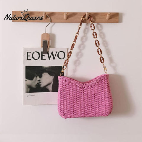 Beach Vacation Western Fashion Solid Color Single Shoulder Straw Bag Pink / Onesize