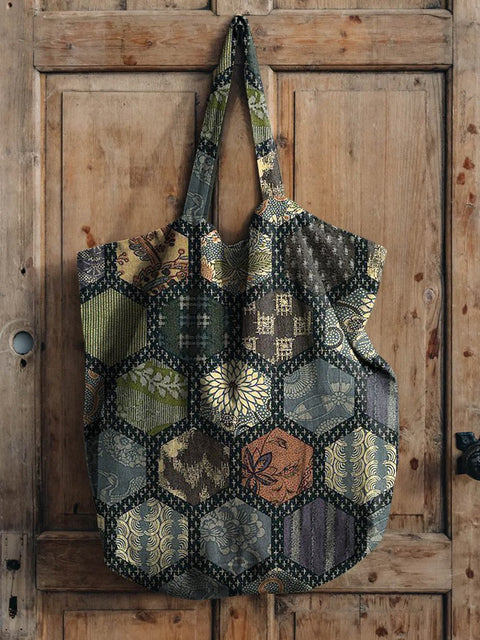 Japanese Style Patchwork Pattern Printed Linen Tote Bag