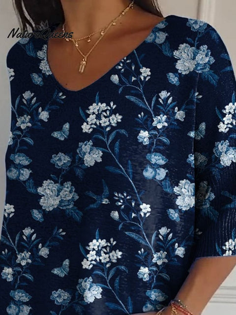 Midnight Swallow And Floral Pattern Printed Women's Casual Pullover Knit