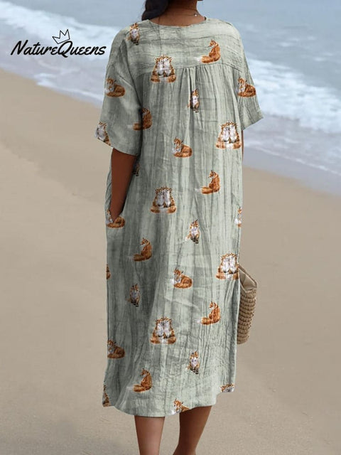 Petite Woodland Fox Pattern Printed Women's Flowy Dress