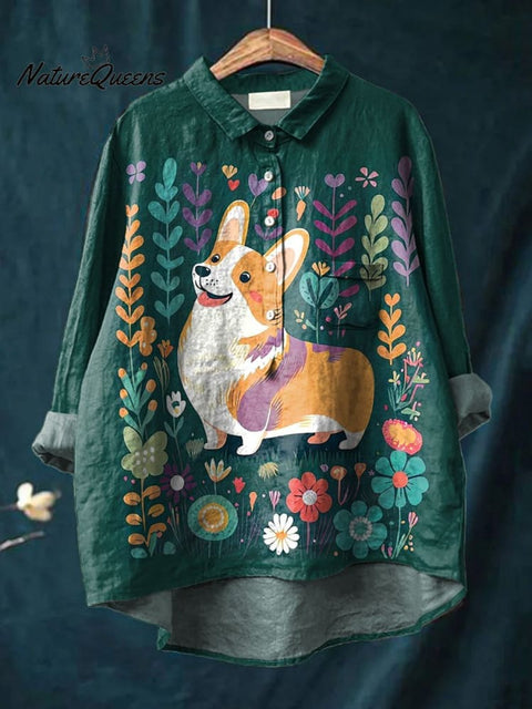 Corgi Dog In Spring Field Graphic Printed Women's Casual Cotton And Linen Shirt