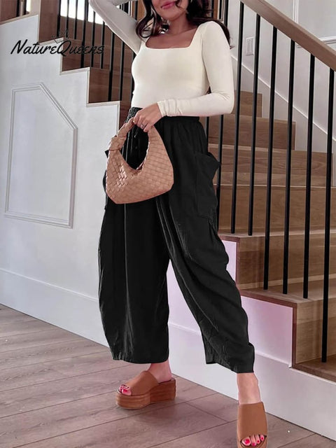 Women's Stylish Casual Fashionable Elastic Waist Loose Cotton Linen Pants