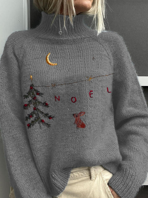 Embroidery  Christmas Art Print Knit Turtleneck Pullover Sweater