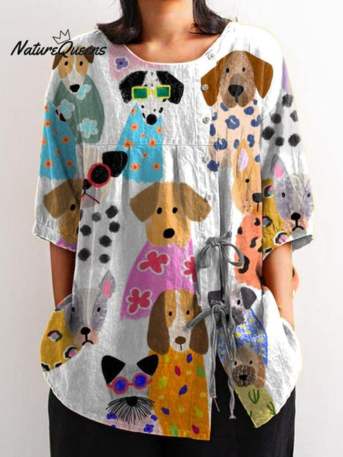 Women's Colorful Cartoon Funny Puppy Print Casual Cotton And Linen Shirt